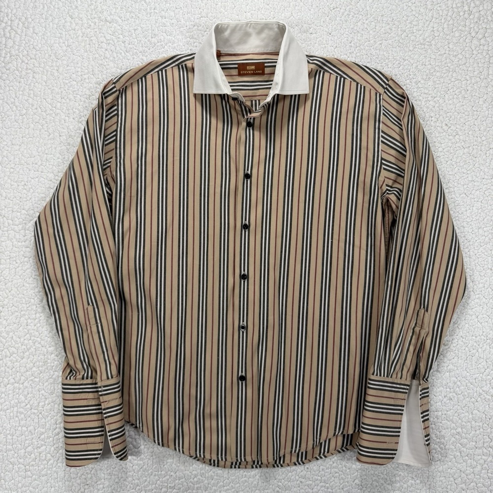 Steven Land Striped Dress Shirt Men's 15.5 32/33 French Cuff Button Up Casual